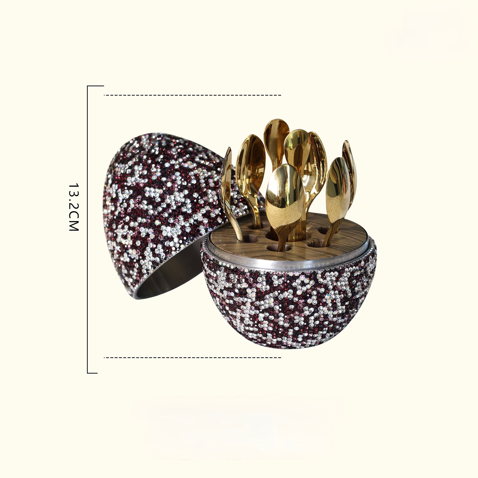 Luxury rhinestone wine accessory set with gold spoons in elegant case, 13.2cm tall