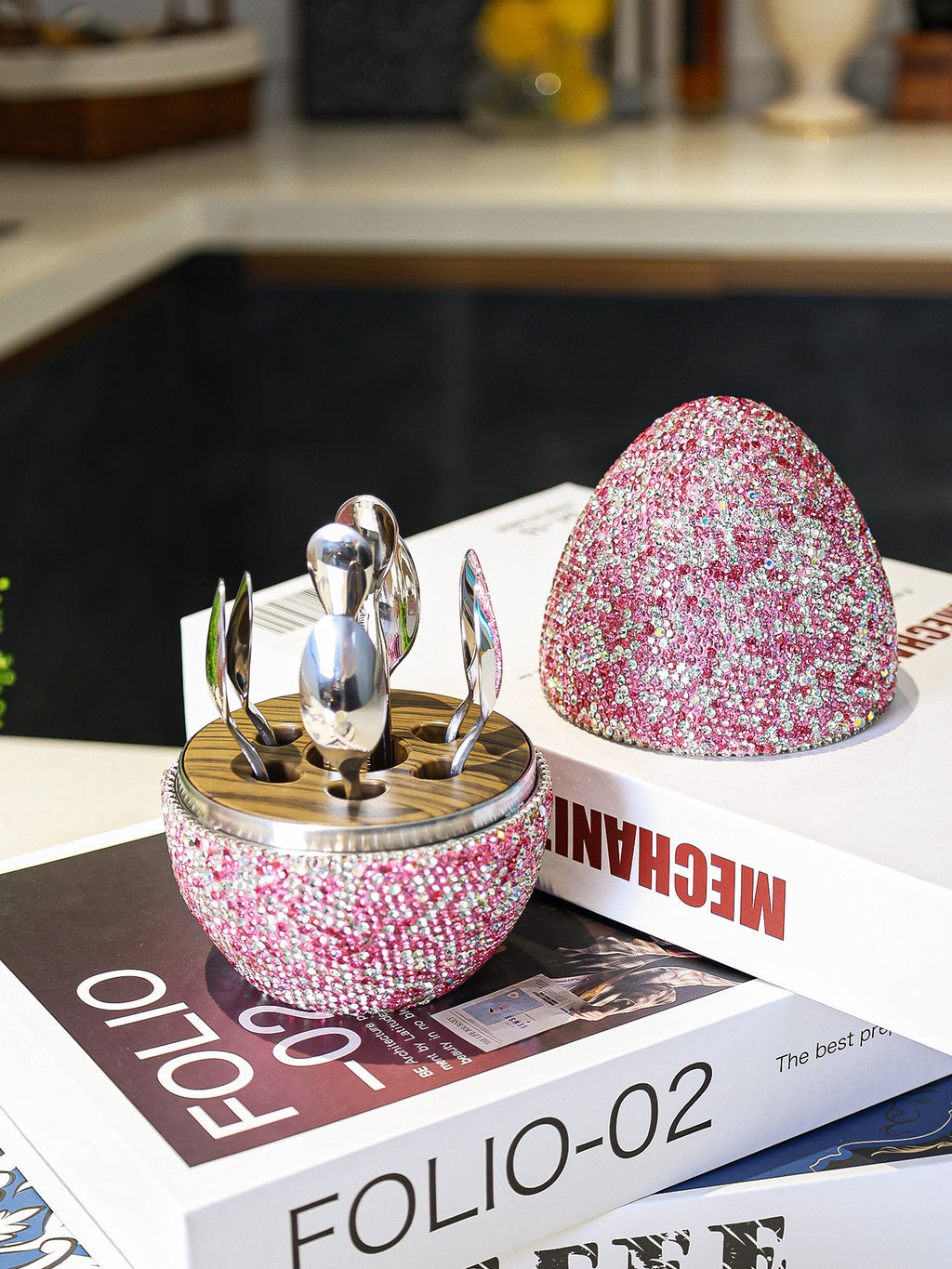 Pink rhinestone wine spoon holder with matching lid, luxury kitchen accessory for wine lovers