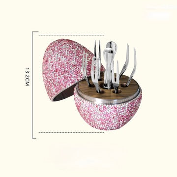 Pink rhinestone wine accessory set with corkscrew, pourer, stopper, and foil cutter in luxury case