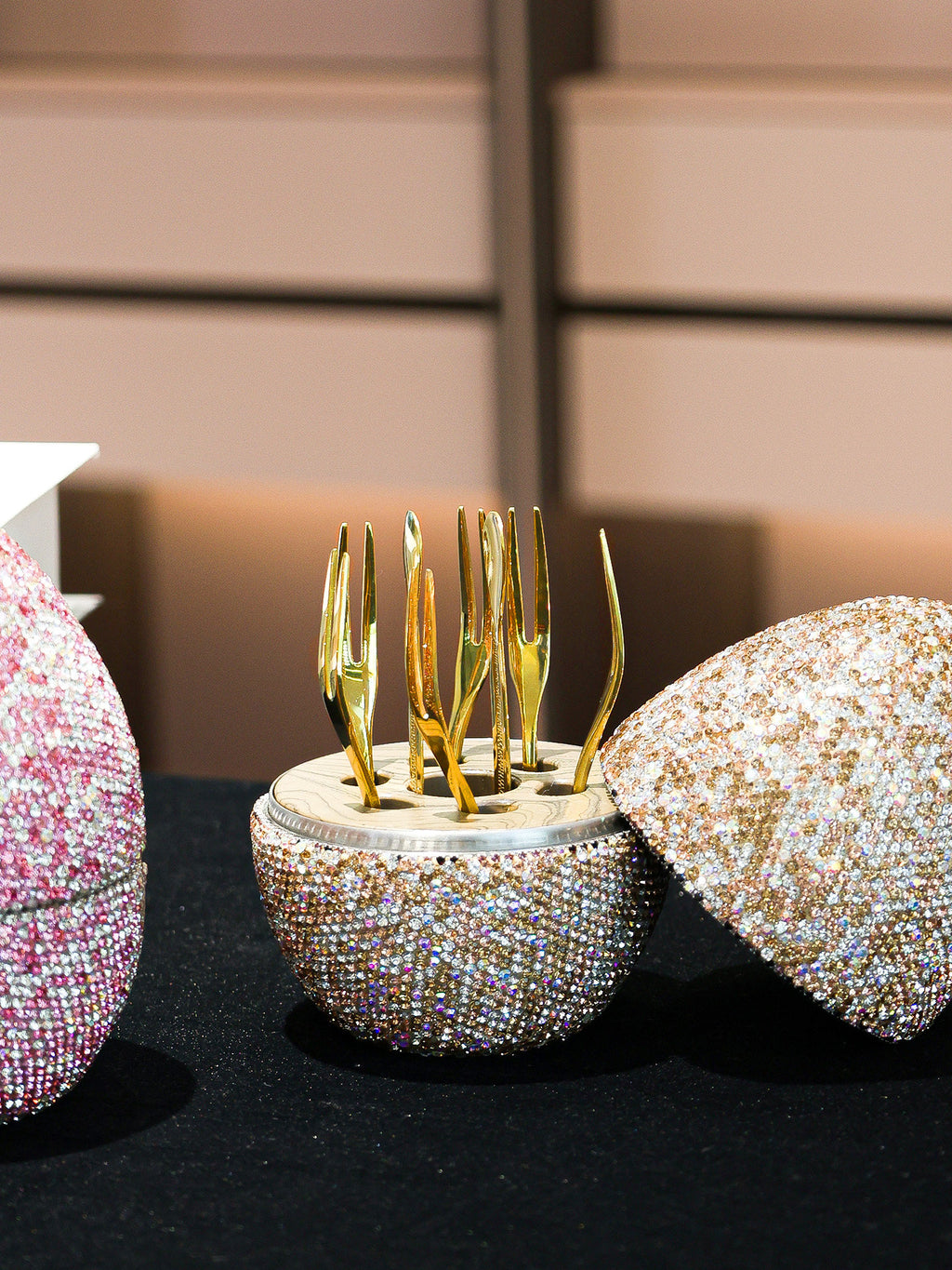 Luxury rhinestone wine accessory set with gold forks in crystal-embellished holder for elegant parties