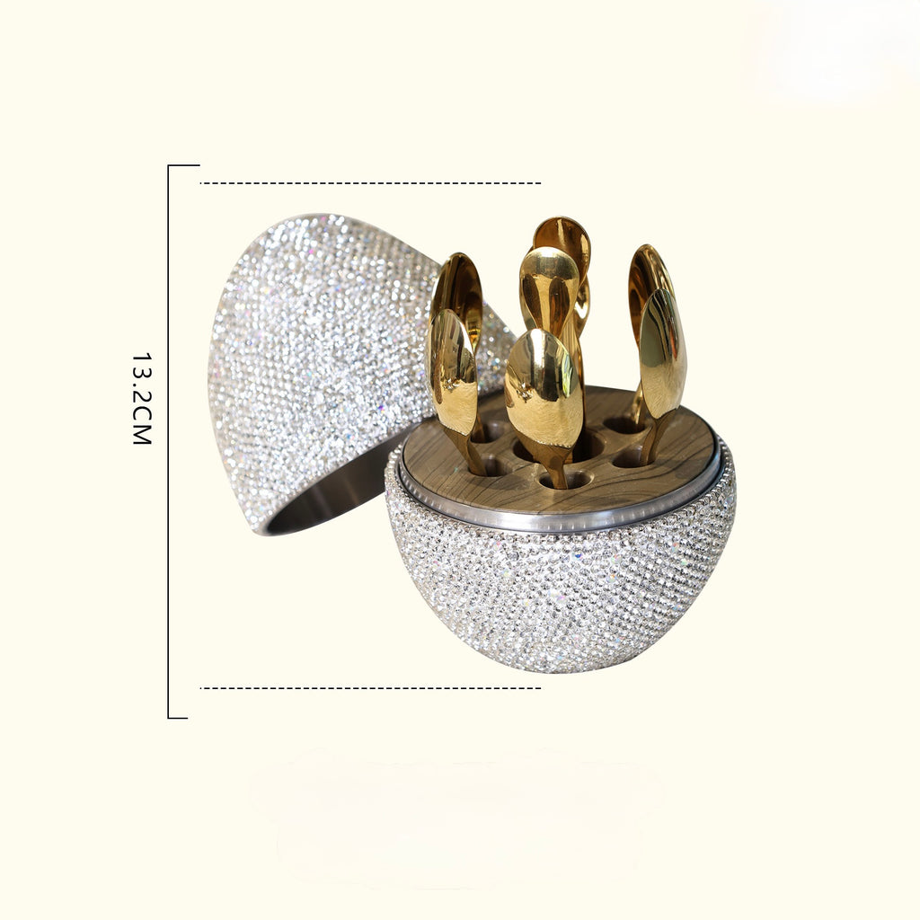 Luxury rhinestone wine stopper set with gold stoppers in a crystal-embellished holder, 13.2cm tall