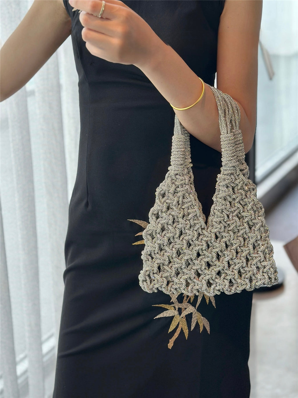 Elegant rhinestone wine tote bag with gold leaf detail, perfect for luxury wine gifts and celebrations.